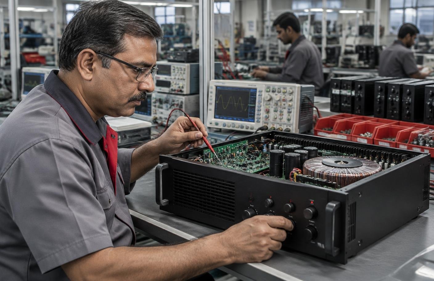 Experienced engineer testing a public address amplifier